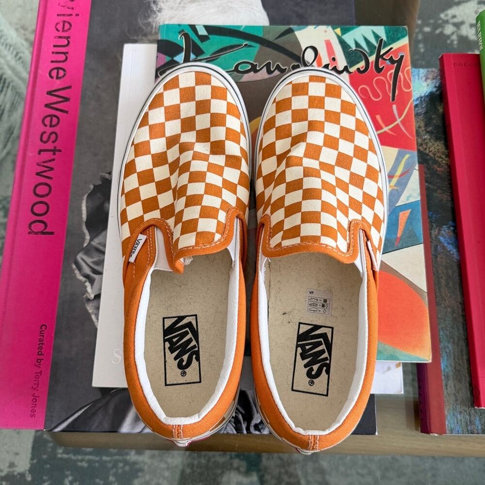 Vans Classic Slip-On Orange Checkerboard Sneakers - Picture 5 of 6